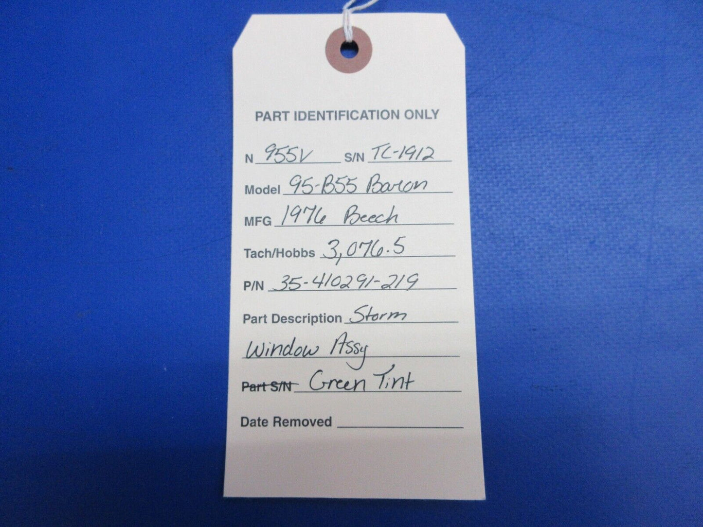 Beech 95-B55 Baron Storm Window Assy Green Tint P/N 35-410291-219 (0523-1166)