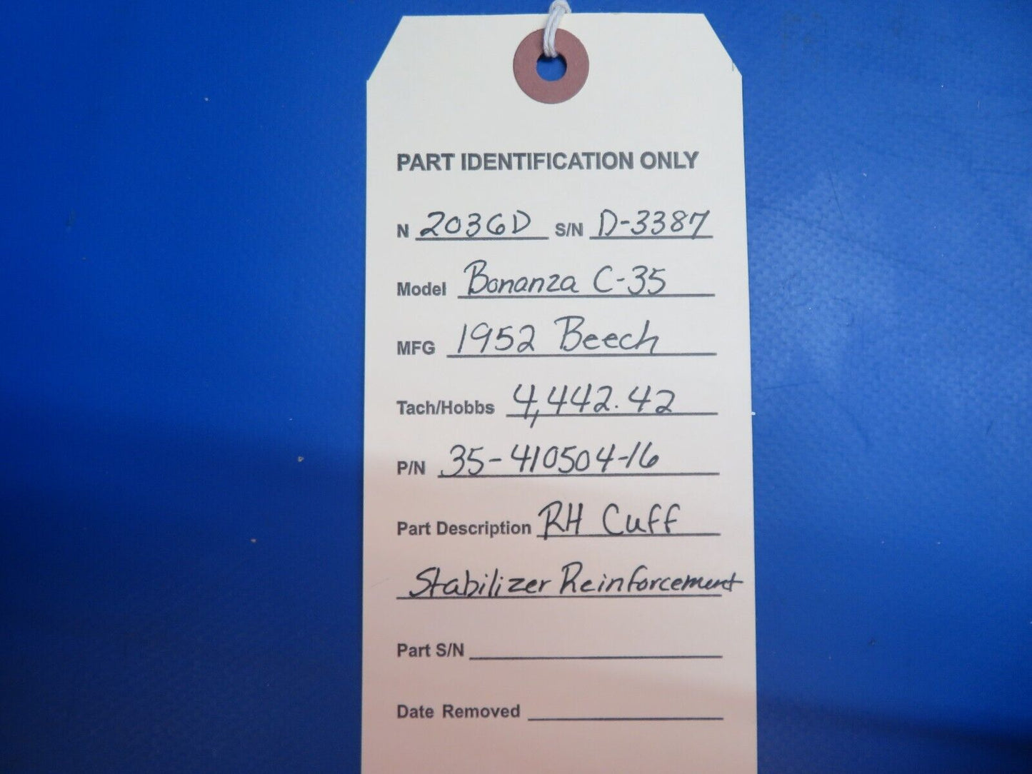 Beech C-35 Bonanza RH Cuff Stabilizer Reinforcement P/N 35-410504-16 (1122-887)