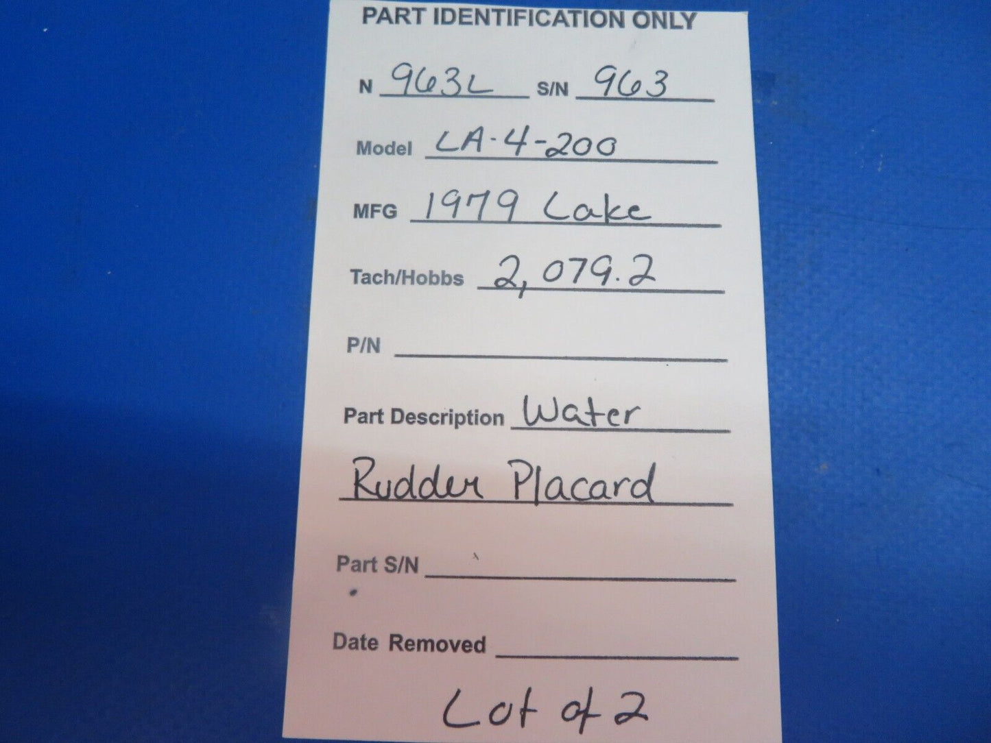 Lake LA-4-200 Water Rudder Placard LOT OF 2 (1222-980)