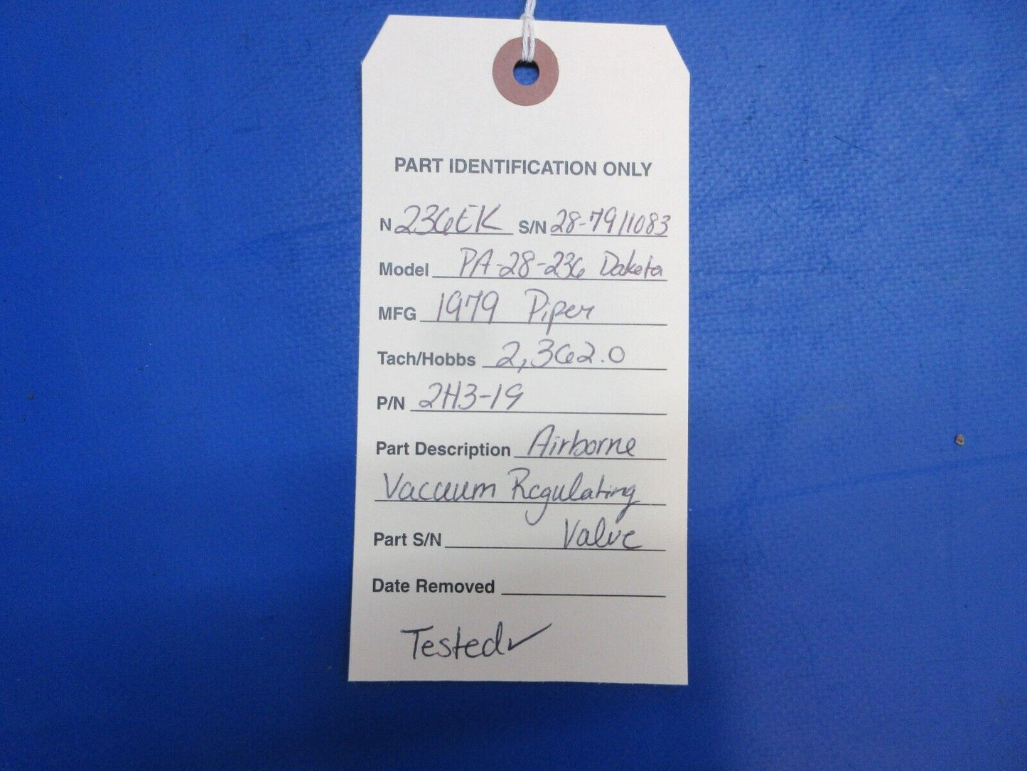 Piper PA-28-236 Dakota Airborne Vacuum Regulating Valve P/N 2H3-19 (0623-209)
