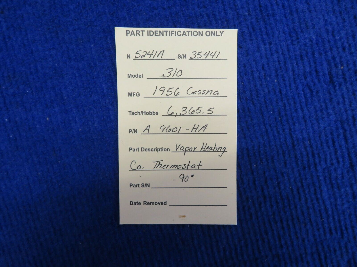 1956 Cessna 310 Vapor Heating Co. Thermostat P/N A 9601-HA (0522-501)