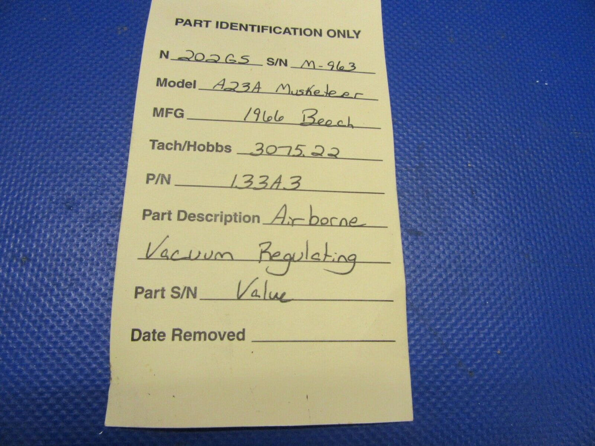 Beech A23A Musketeer Airborne Vacuum Regulating Valve P/N 133A3 (0621-504)