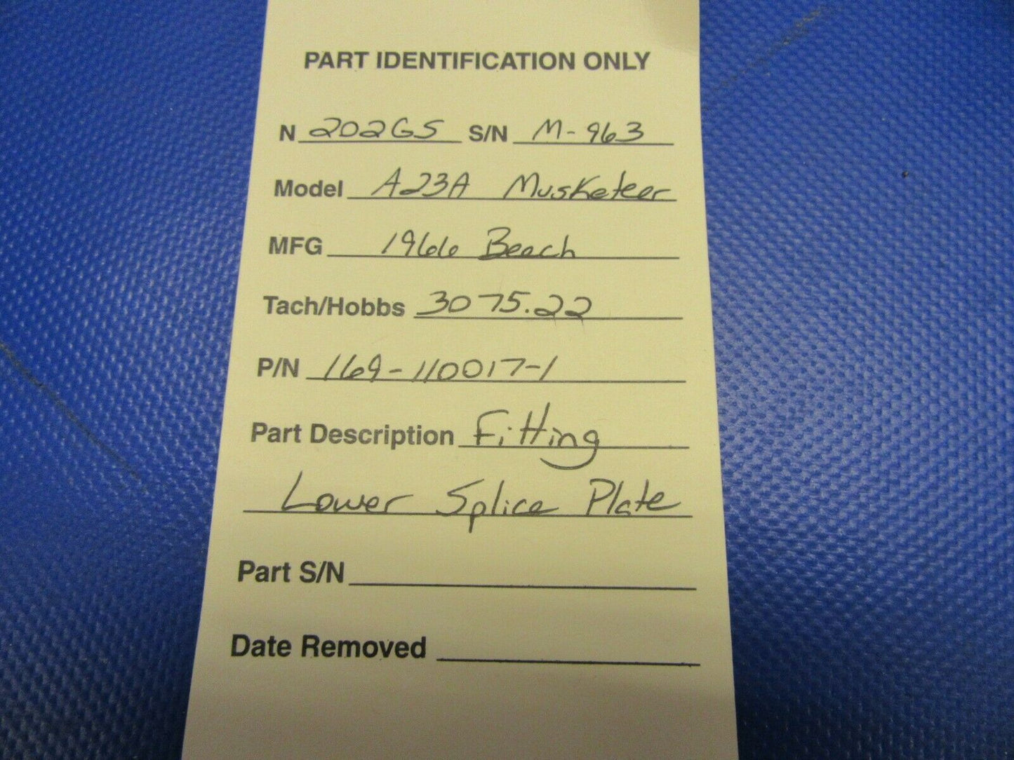 Beech A23A Musketeer Fitting Lower Splice Plate P/N 169-110017-1 (0621-552)