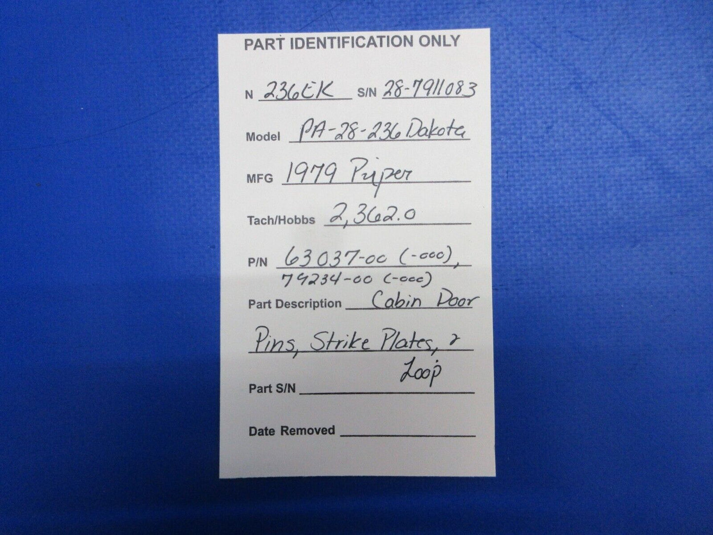 Piper PA-28-236 Cabin Door Pins, Strike Plates & Loop P/N 63037-00 (0623-255)