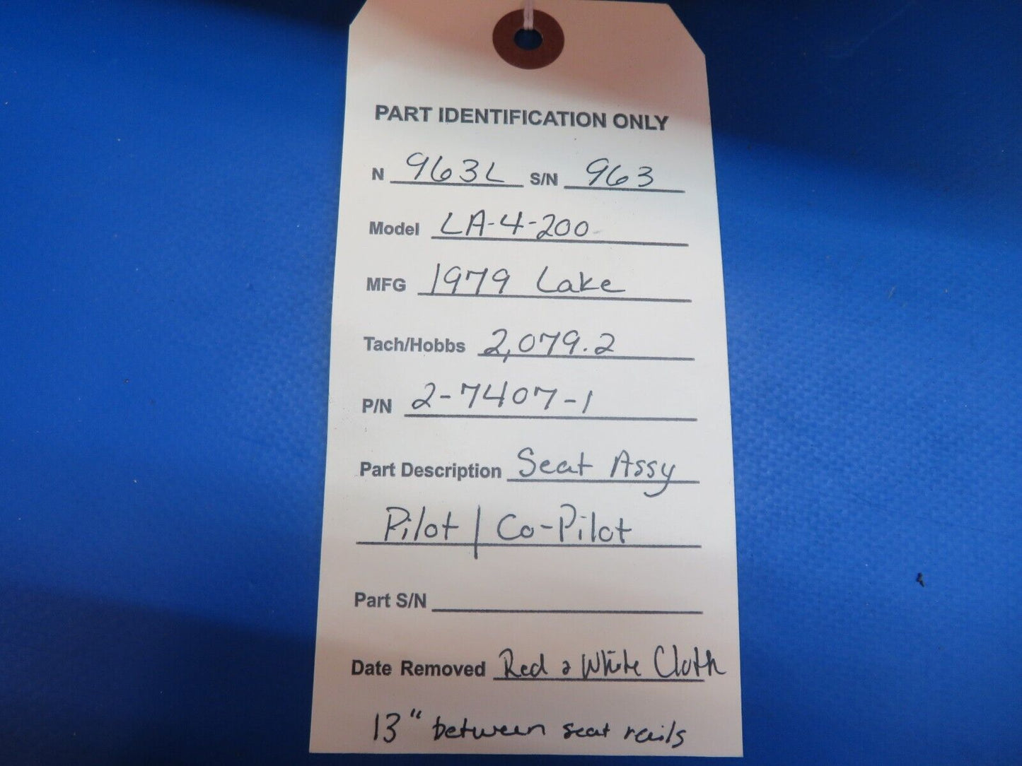 Lake LA-4-200 Seat Assy Pilot / Co-Pilot P/N 2-7407-1 (1222-914)