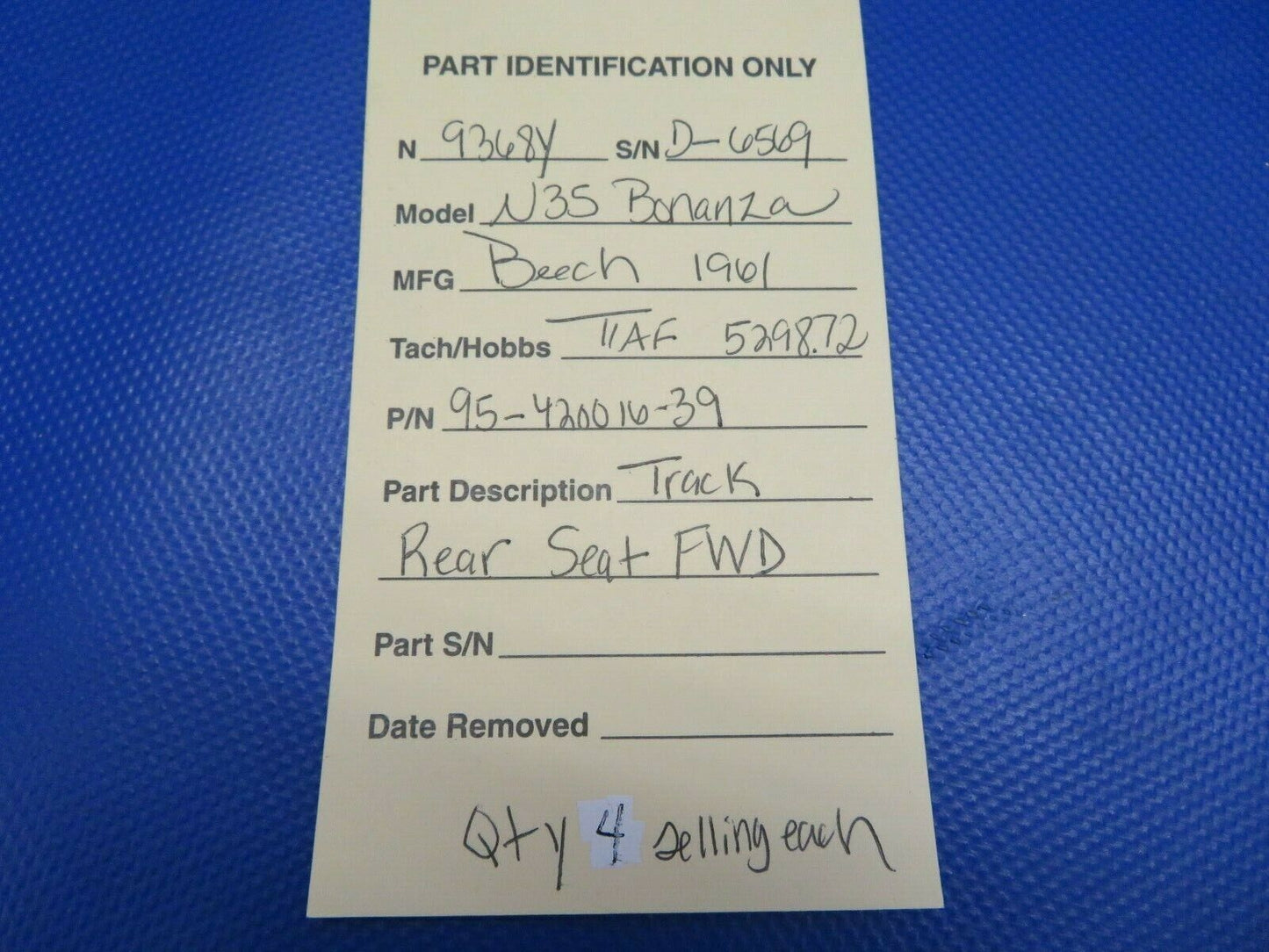 Beech N35 Bonanza Track / Rail Rear Seat FWD P/N 95-420016-39 (0121-320)