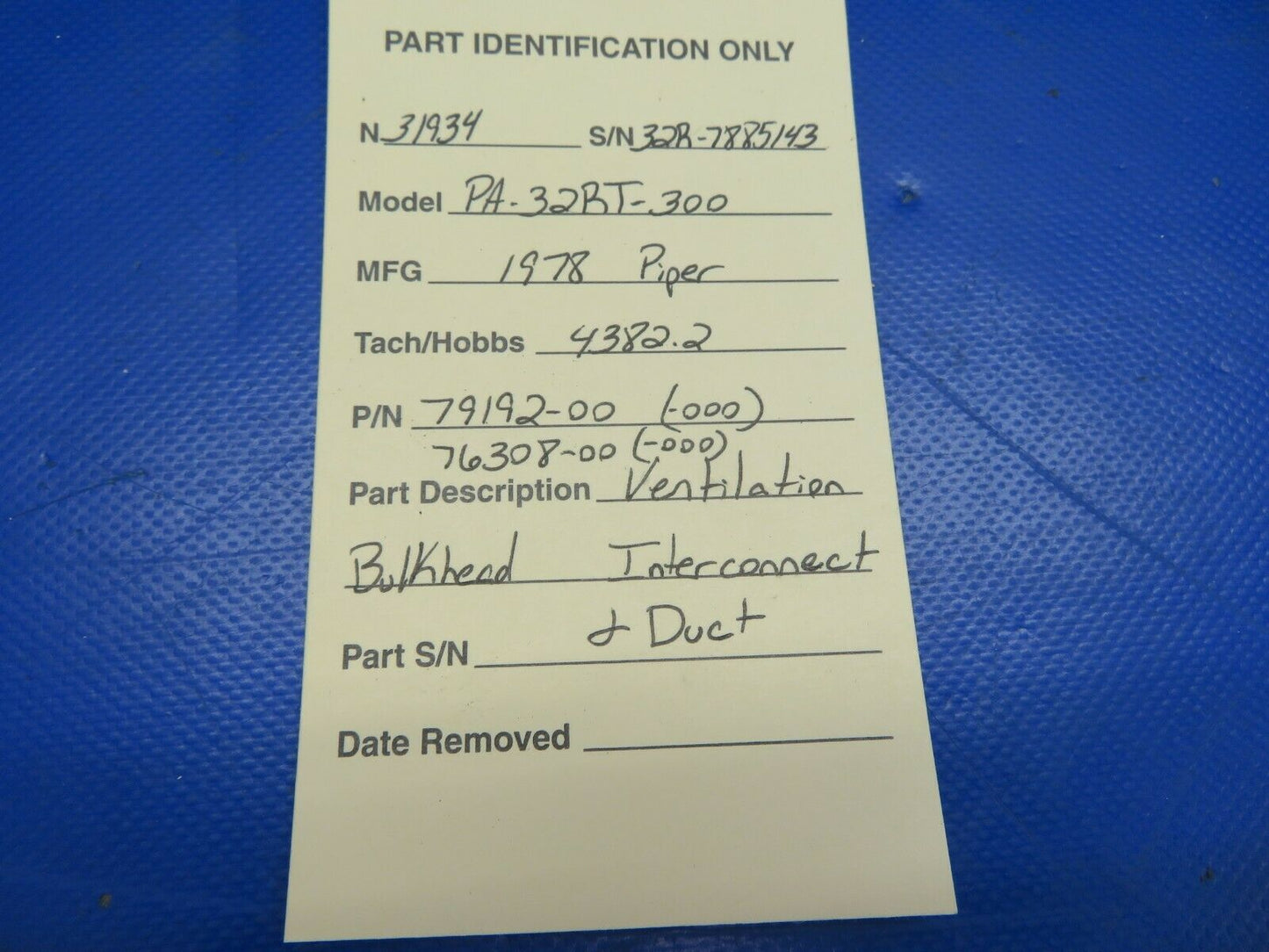 Piper PA-32RT Bulkhead Ventilation Interconnect & Duct P/N 79192-00 (0620-334)