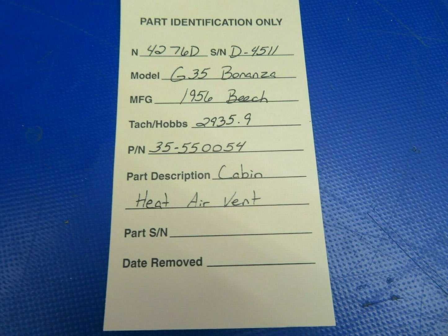 Beech G35 Bonanza Cabin Heat Air Vent P/N 35-550054 (0620-401)