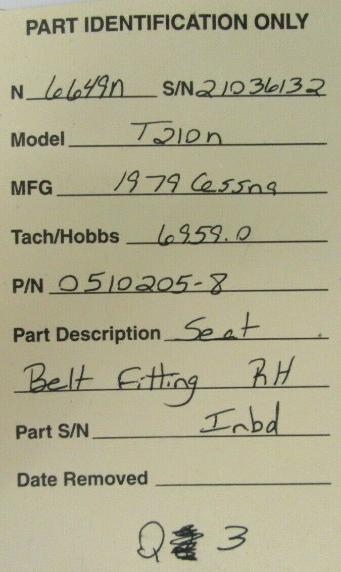 Cessna T210N Seat Belt Fitting RH INBD P/N 0510205-8 (0321-450)