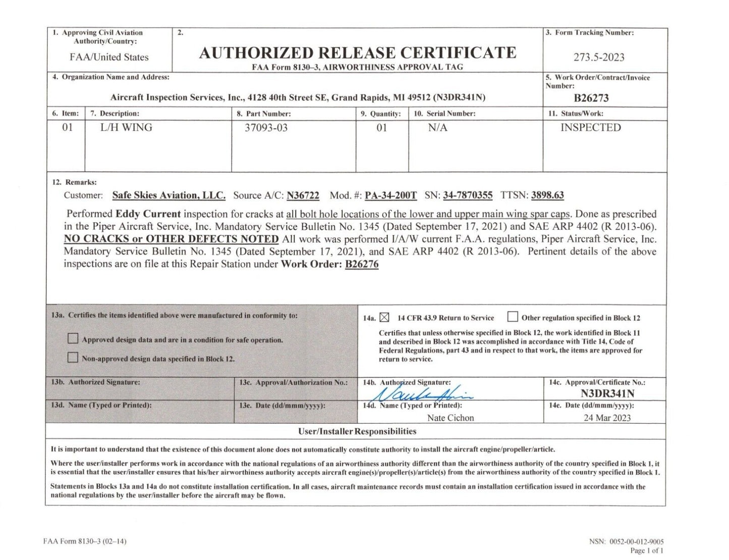 1978 Piper PA-34-200T Seneca LH Wing P/N 37093-03 (0423-104)