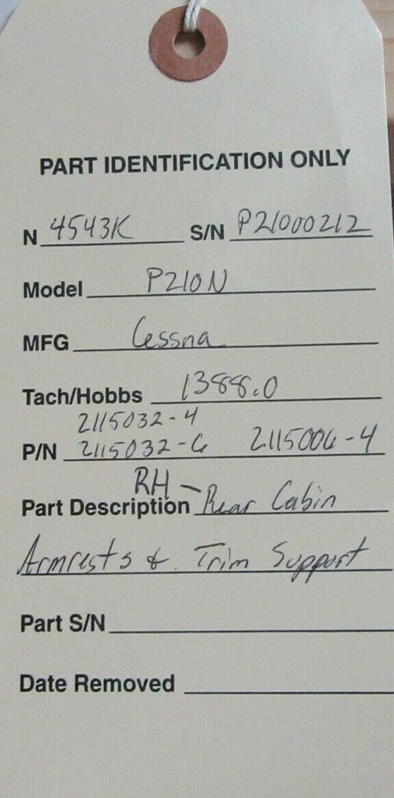 Cessna 210 / P210N Rear Cabin Armrests & Trim Support RH 2115032-4 (0421-646)