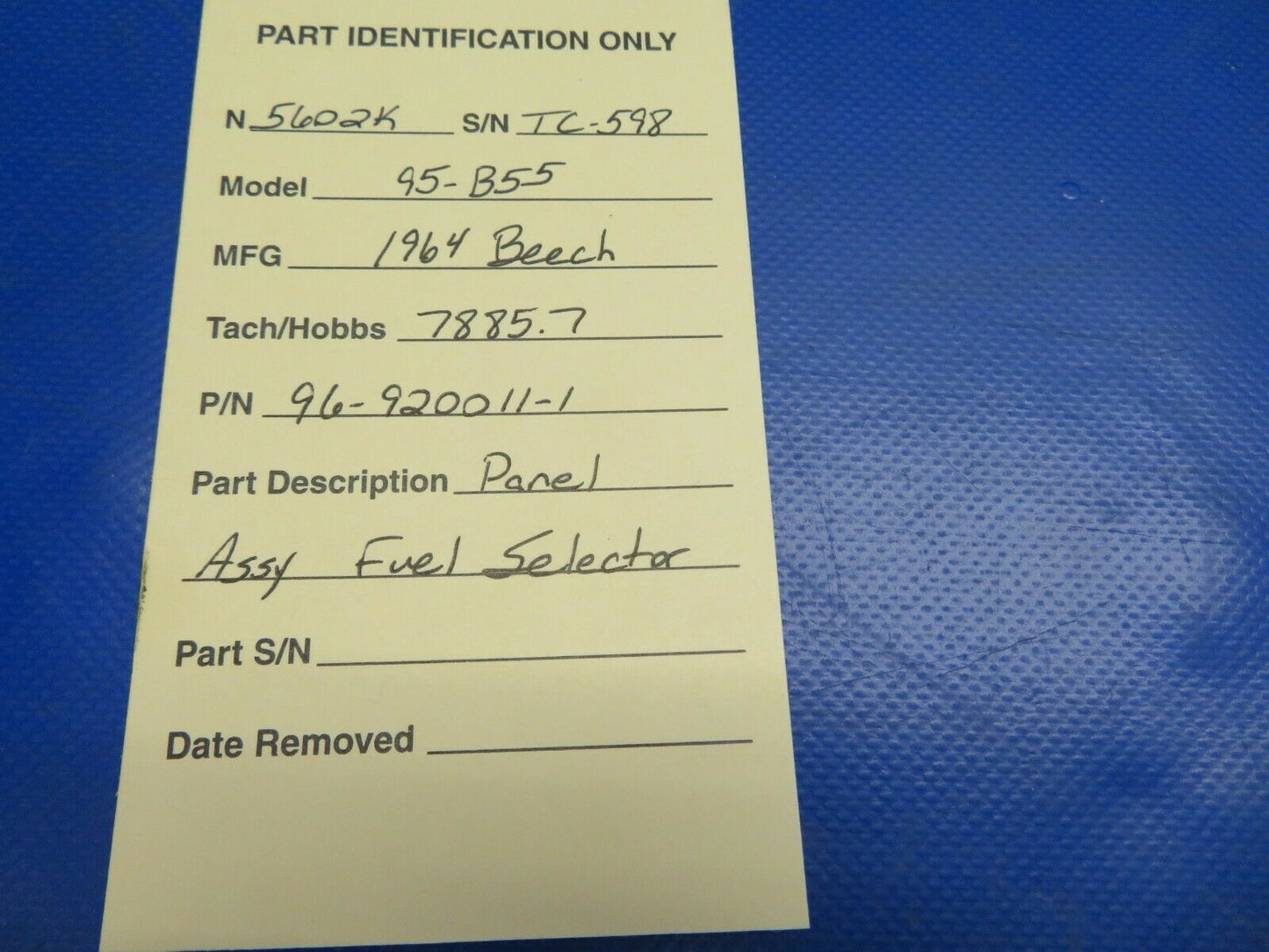 1964 Beech Baron 95-B55 Panel Assy Fuel Selector P/N 96-920011-1 (0620-617)