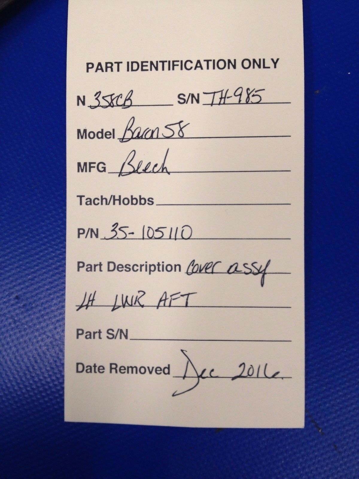 Beech Baron 58 Cover Assy LH LWR AFT P/N 35-105110 (0217-180)