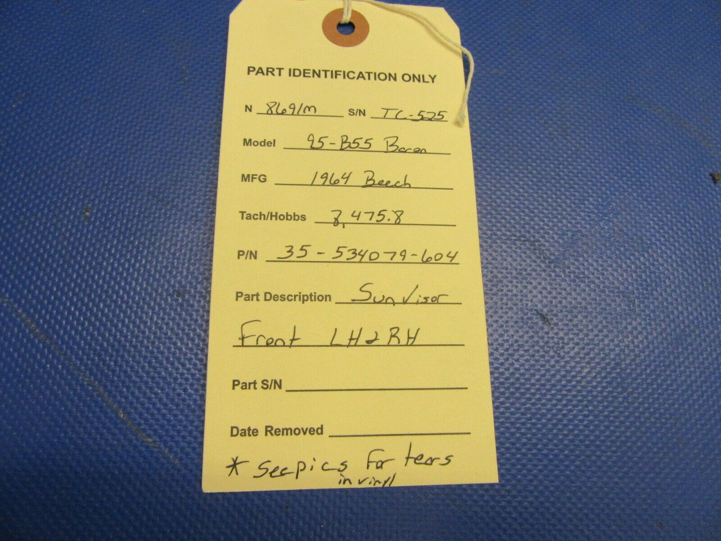 Beech Baron 95-B55 Sun Visor Front LH & RH P/N 35-534079-604 (1121-311)