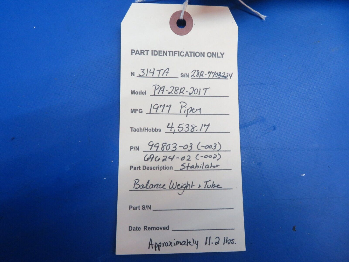 Piper PA-28R-201T Stabilator Balance Weight & Tube P/N 99803-03 (1122-821)