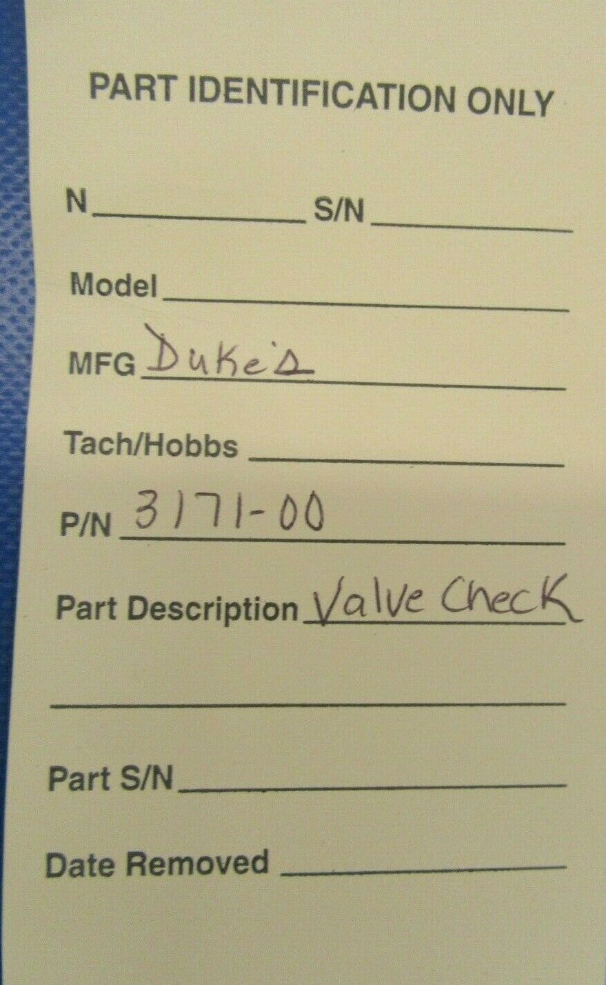 Duke's Check Valve P/N 3171-00 & 0870069-20 (0219-235)