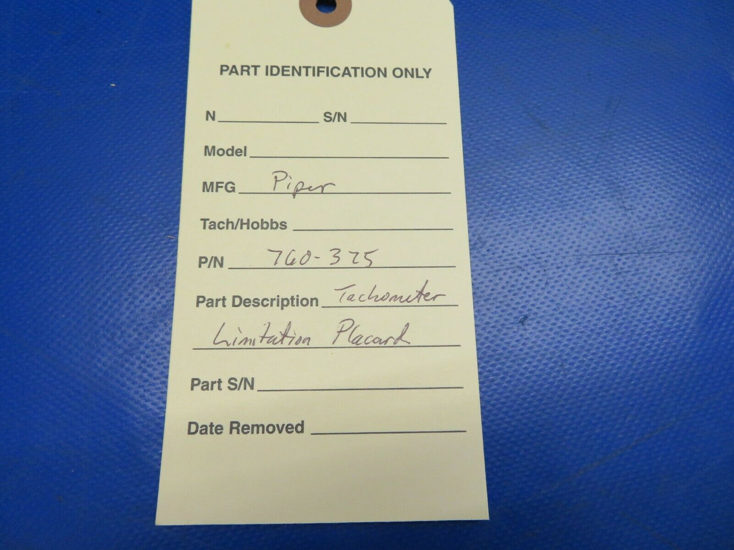 Piper Tachometer Limitation Placard 760-325, 66981-00, 66981-000 NOS (0720-662)