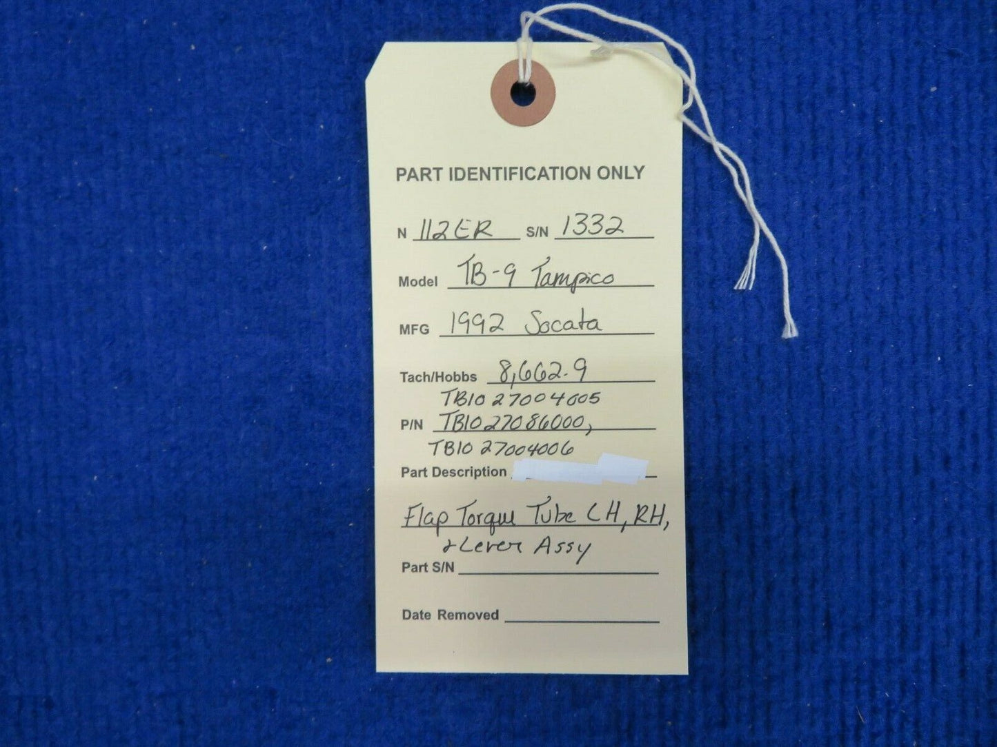 Socata TB-9 Flap Torque Tube LH, RH and Lever Assy P/N 27004005 (0522-683)