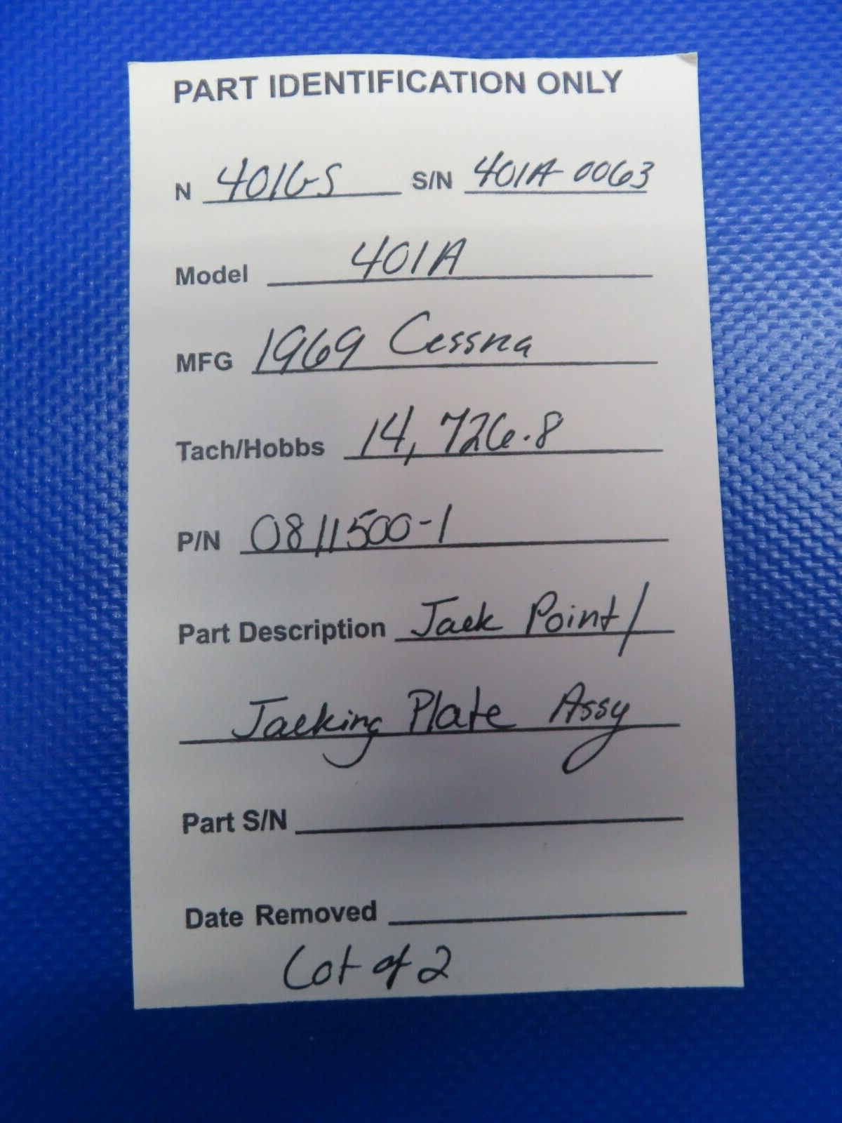 Cessna 401 / 401A Jack Point Jacking Plate Assy PN 0811500-1 LOT OF 2 (0124-135)