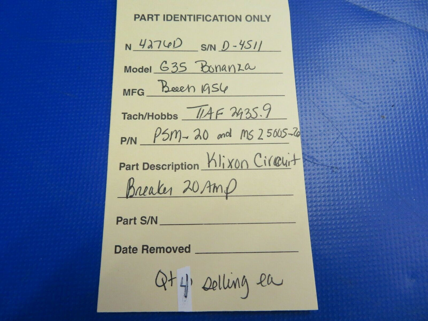 1956 Beech G35 Bonanza Klixon Circuit Breaker 20 Amp P/N PSM-20 (0620-357)