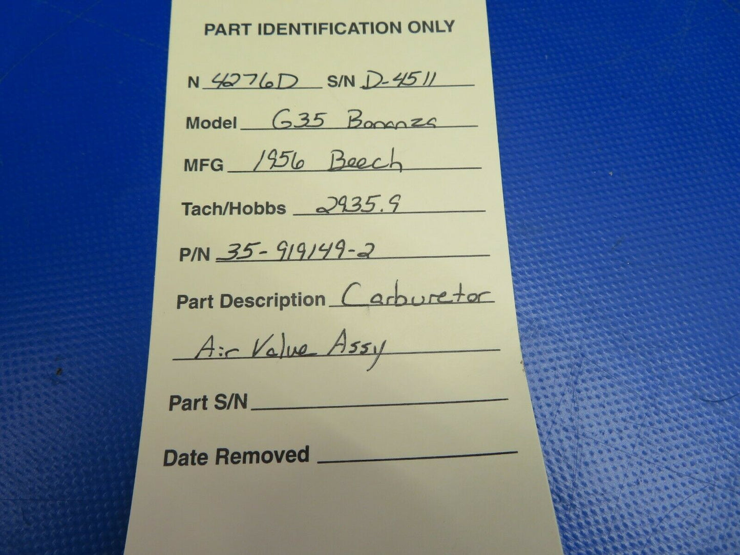 Beech G35 Bonanza Carburetor Air Valve Assy P/N 35-919149-2 (0620-400)