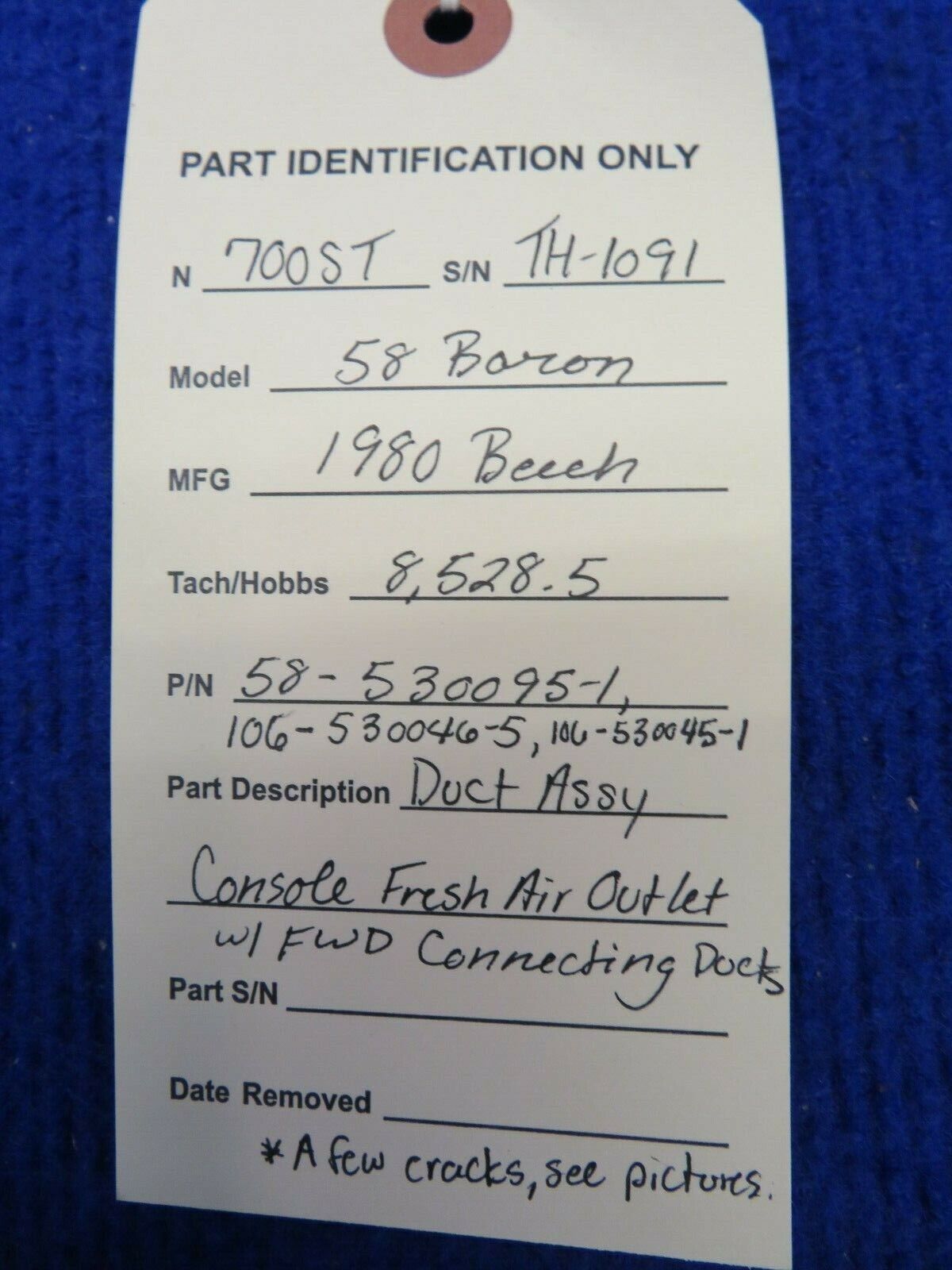 Beech 58 Baron Duct Assy Console Fresh Air Outlet P/N 58-530095-1 (0422-320)
