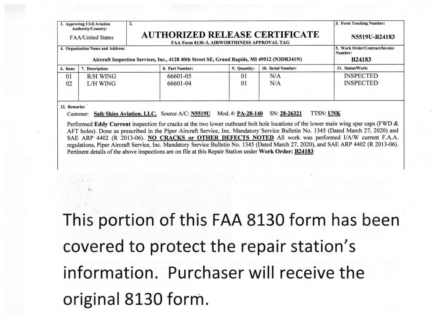 1969 Piper Cherokee PA-28-140 LH Wing P/N 66601-04 CORE (0221-315)