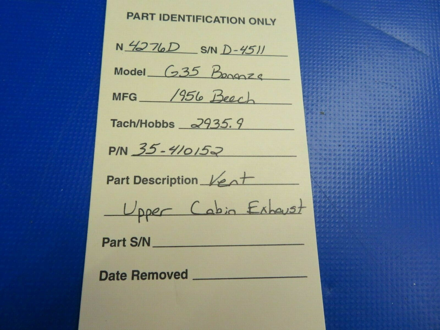 Beech G35 Bonanza Vent Upper Cabin Exhaust P/N 35-410152 (0620-362)