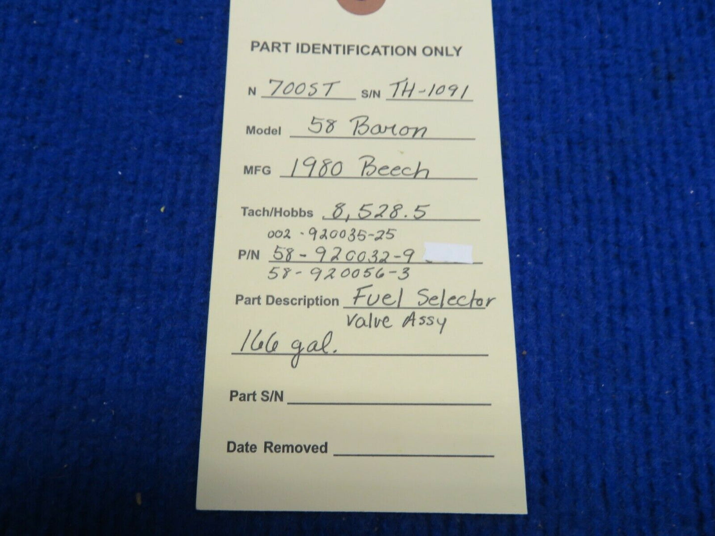 Beech 58 Baron Fuel Selector V166 Gal Panel P/N 002-920035-25 (0322-575)