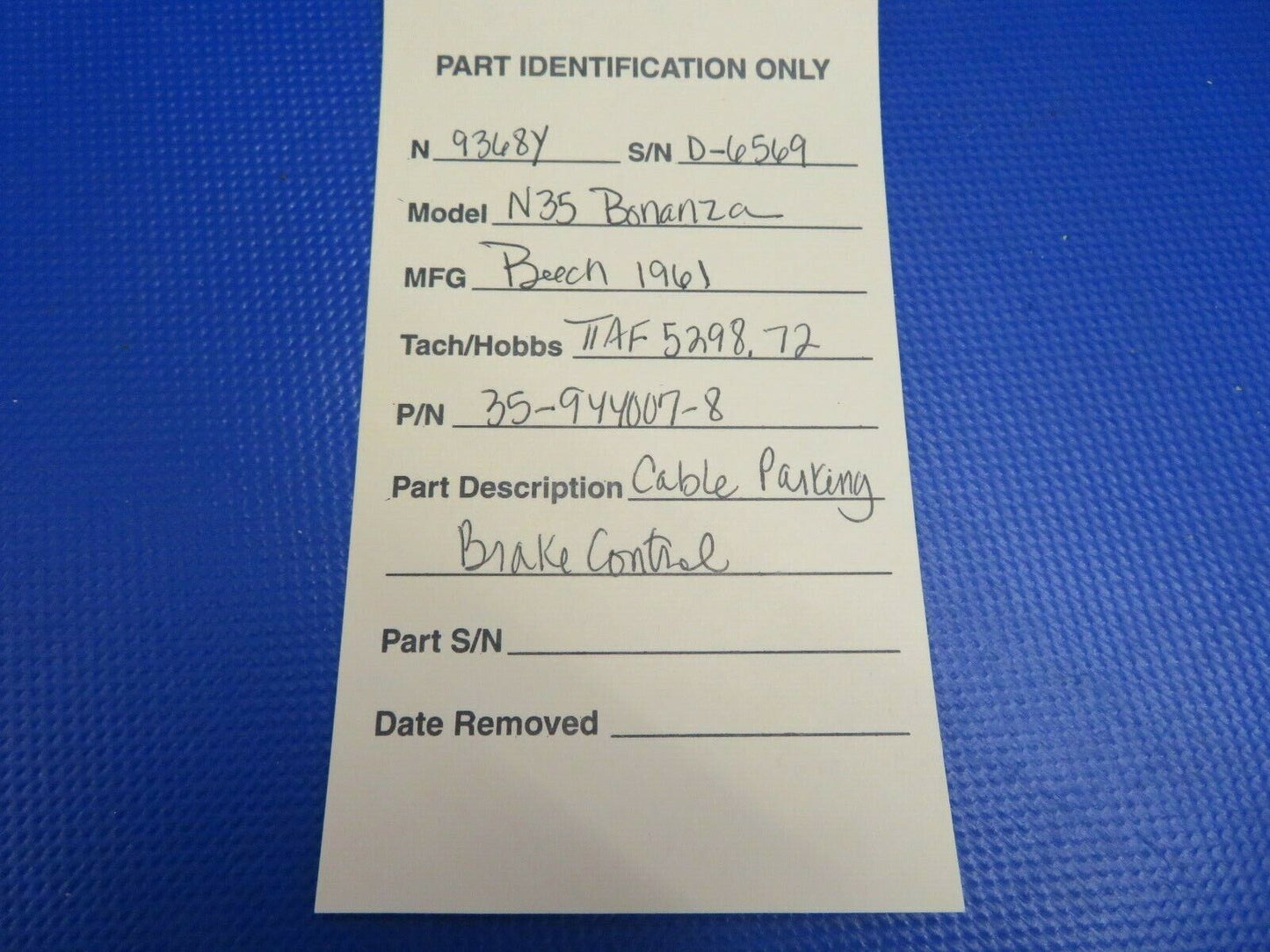 Beech N35 Bonanza Cable Parking Brake Control P/N 35-944007-8 (0121-316)