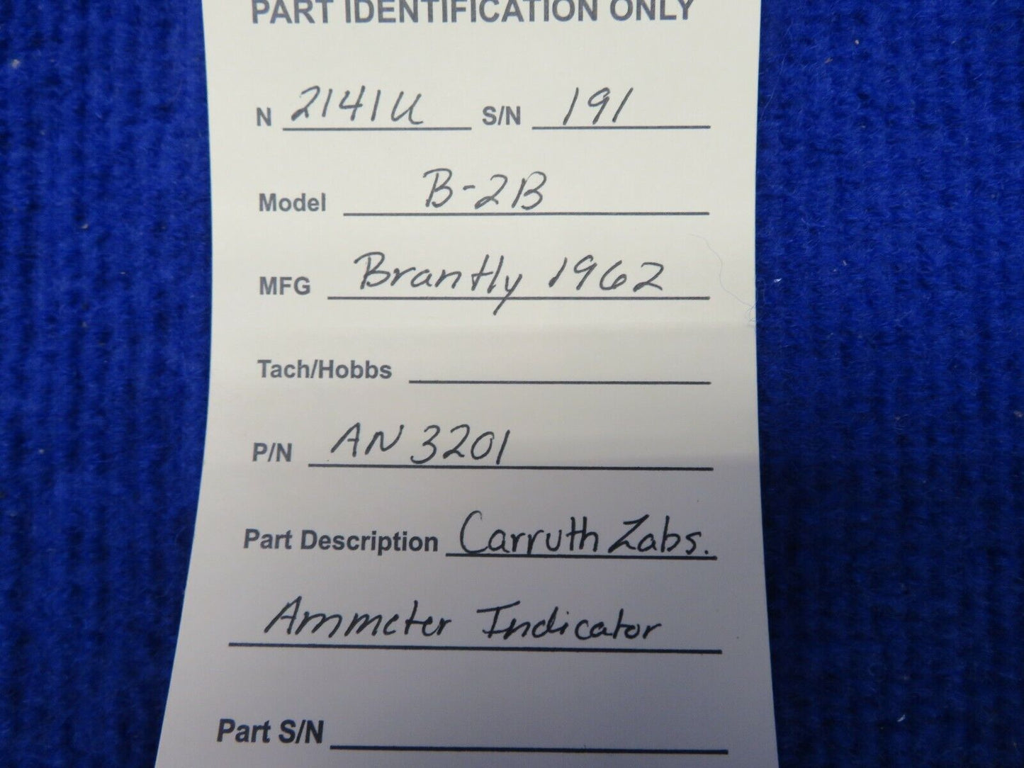 Brantly B-2B Carruth Labs Ammeter Indicator P/N AN3201 (0222-285)