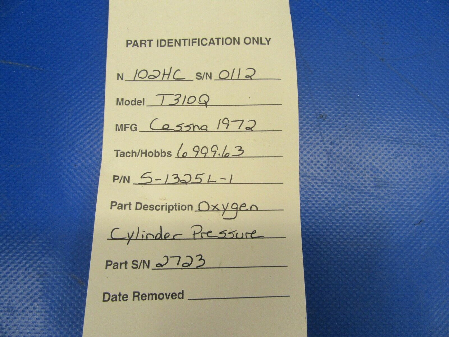 Cessna 310 / T310Q Oxygen Cylinder Pressure P/N S-1325L-1 (0519-499)