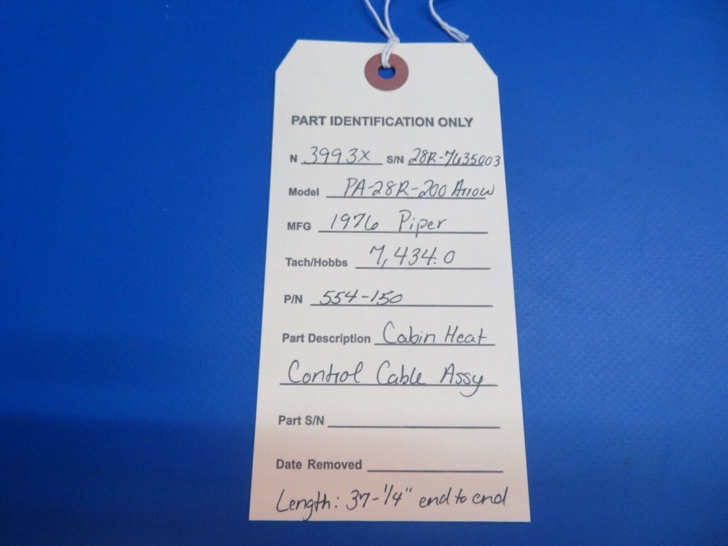 Piper PA-28R-200 Arrow Cabin Heat Control Cable Assy P/N 554-150 (1022-662)