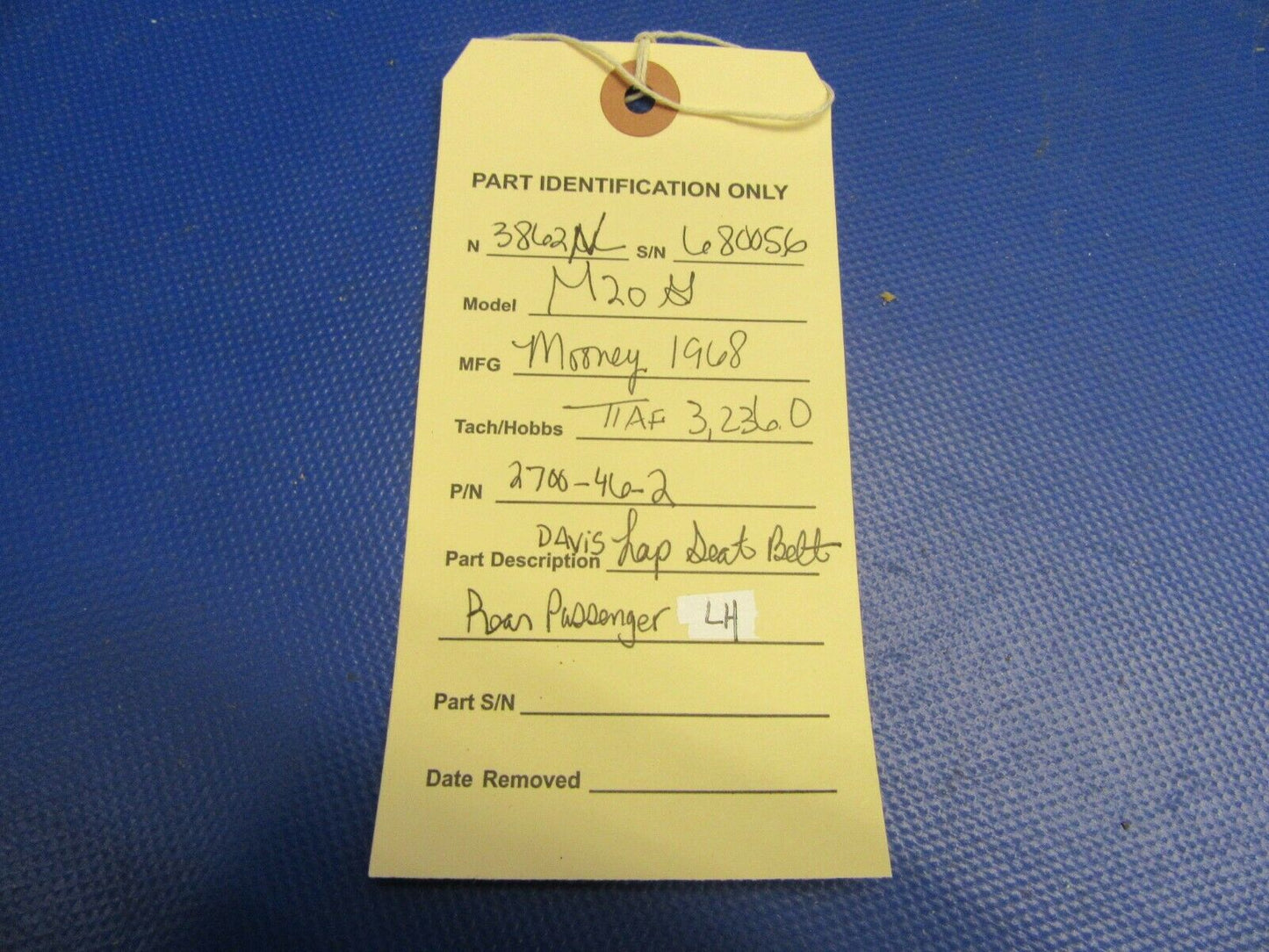 Mooney M20G Davis Lap Seat Belt Rear Passenger LH P/N 2700-46-2 (0921-427)