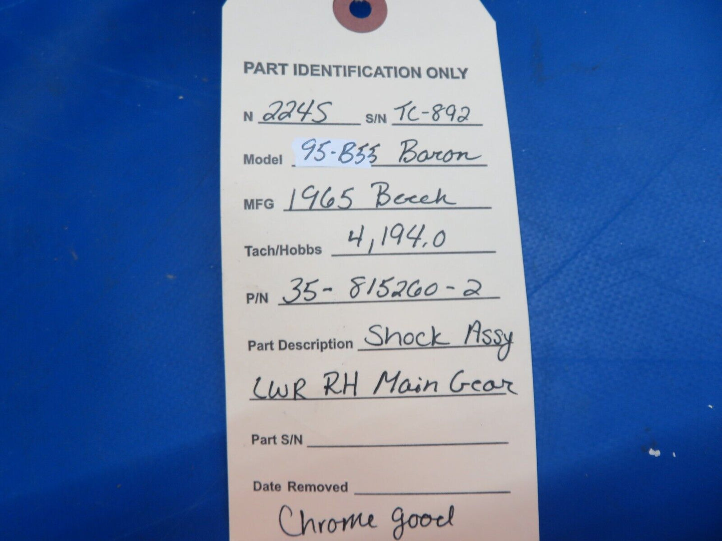 Beech 95-B55 Baron Shock Assy LWR RH Main Gear P/N 35-815260-2 (0123-688)