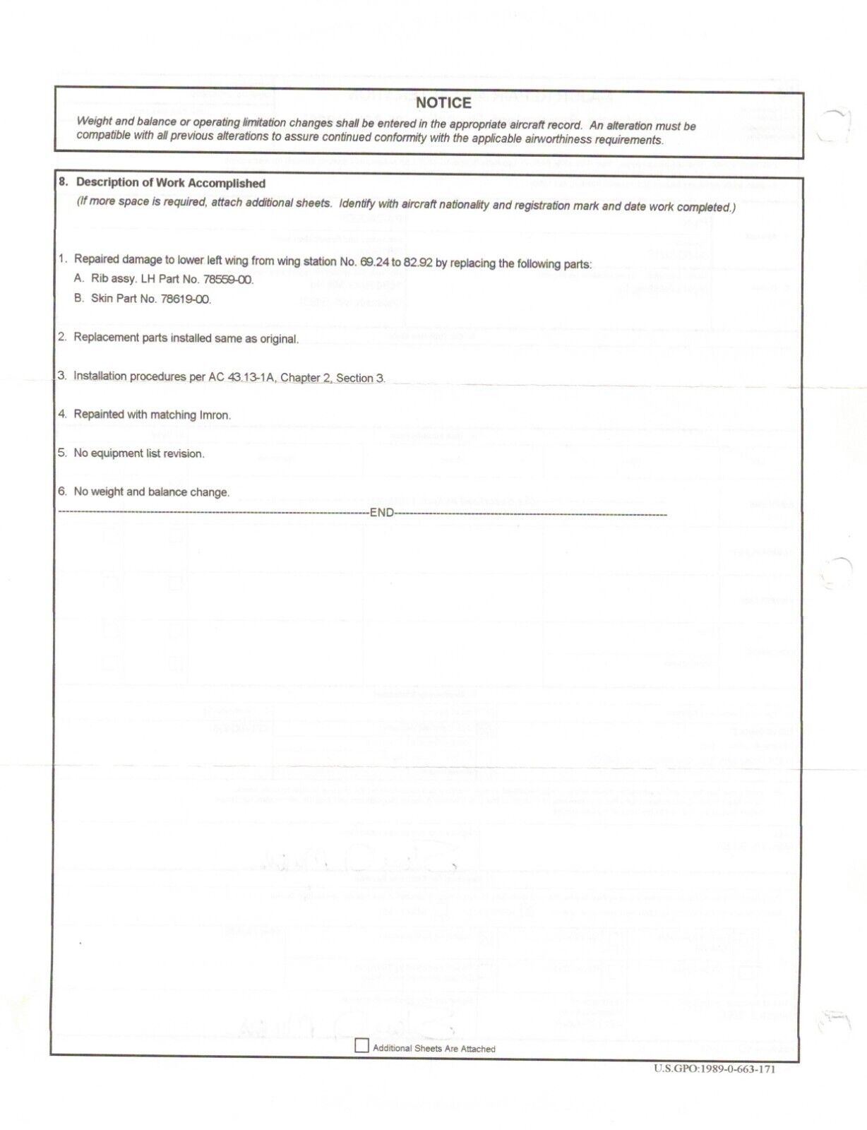 1980 Piper PA-34-200T Seneca II LH Wing P/N 37093-12L w/ De-ice (0224-95)