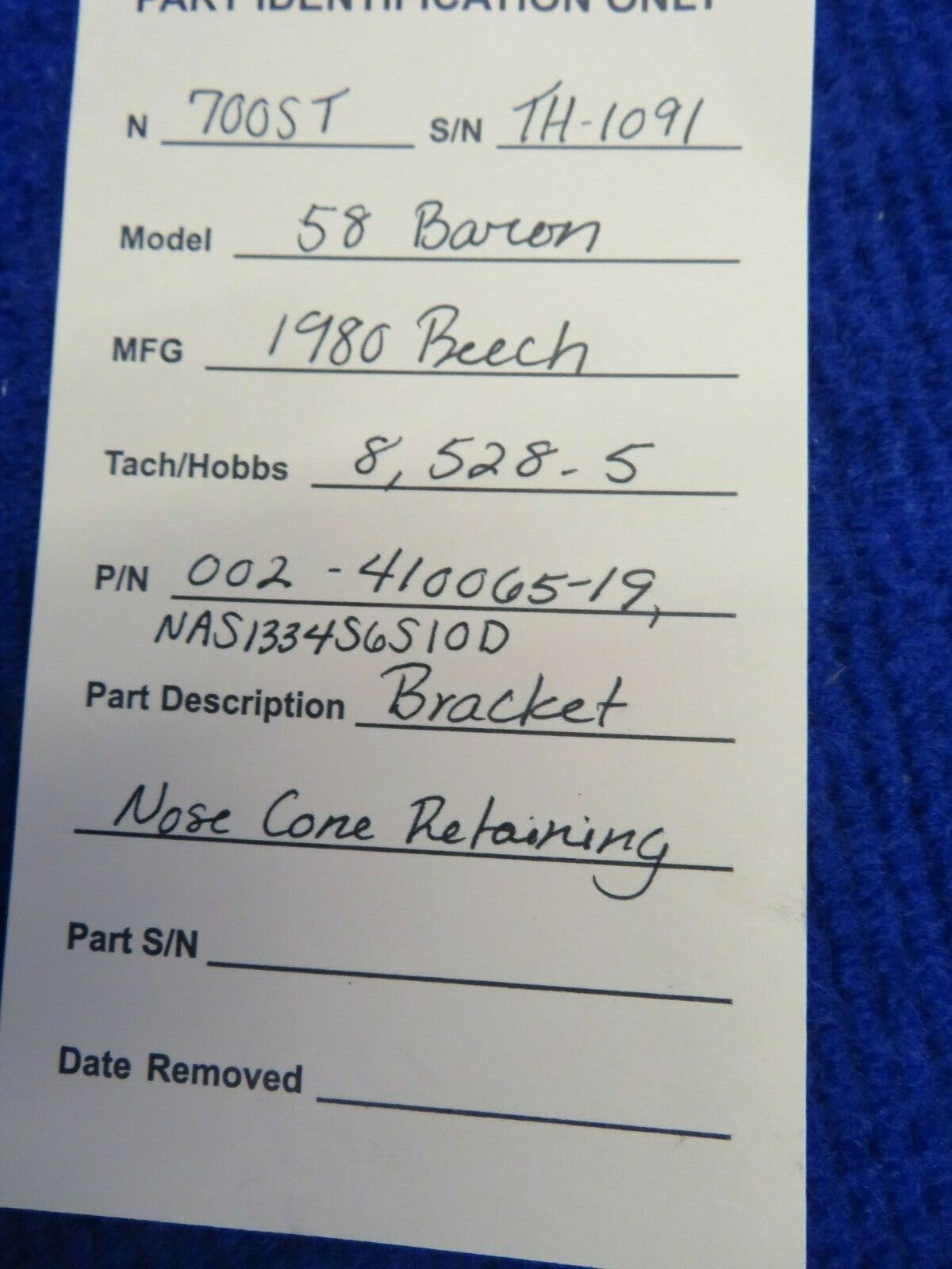 Beech 58 Baron Bracket Nose Cone Retaining P/N 002-410065-19 (0422-340)