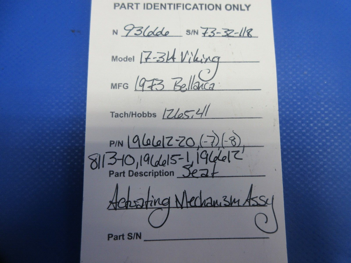 Bellanca 17-31A Viking Seat Actuating Mechanism Assy P/N 196612-20 (0924-823)