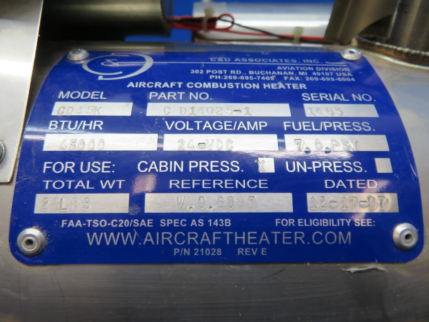 Cessna C&D Associates Aircraft Combustion Heater 24v CD14025-1 TESTED (0326-201)2