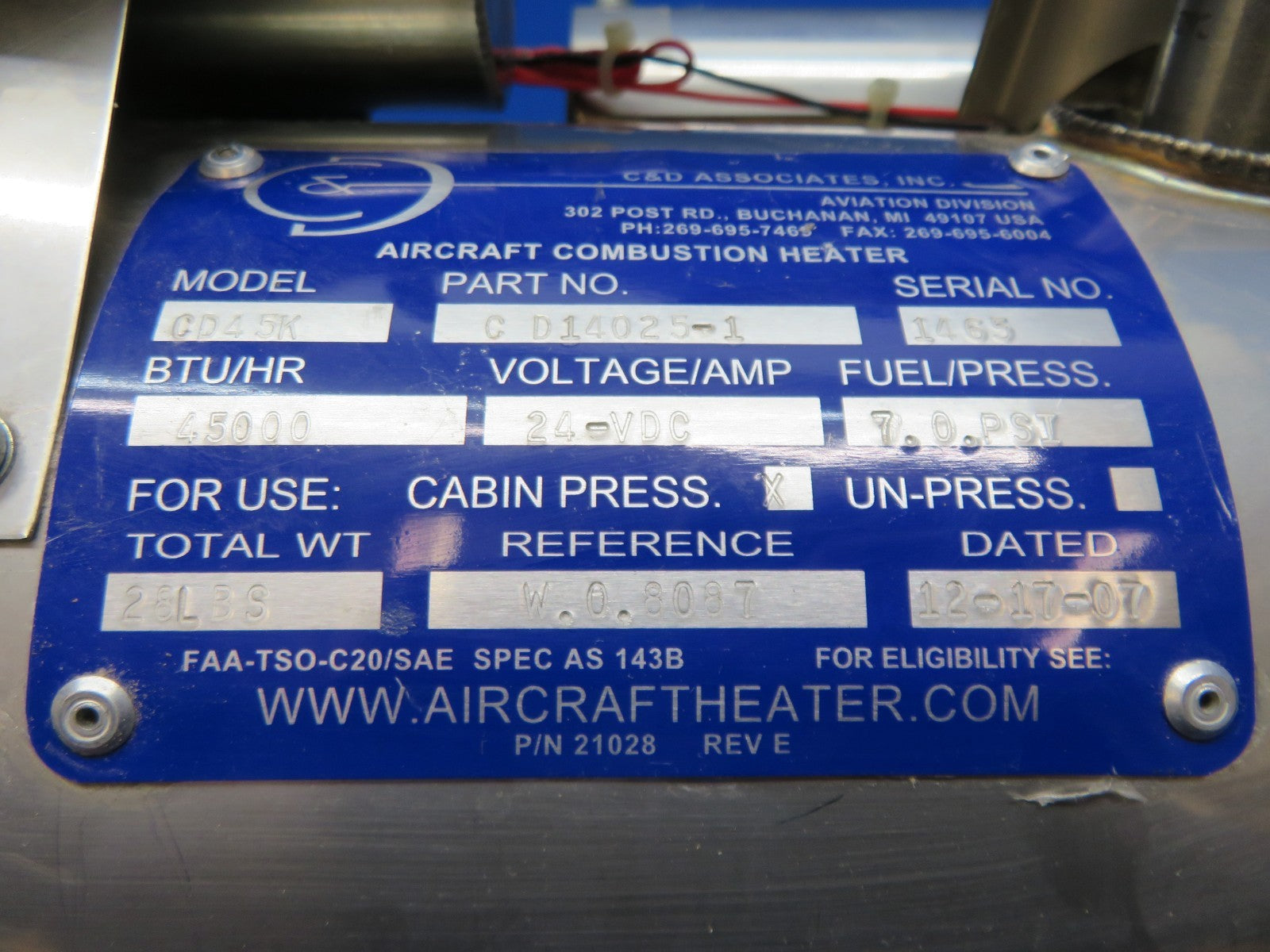 Cessna C&D Associates Aircraft Combustion Heater 24v CD14025-1 TESTED (0326-201)2