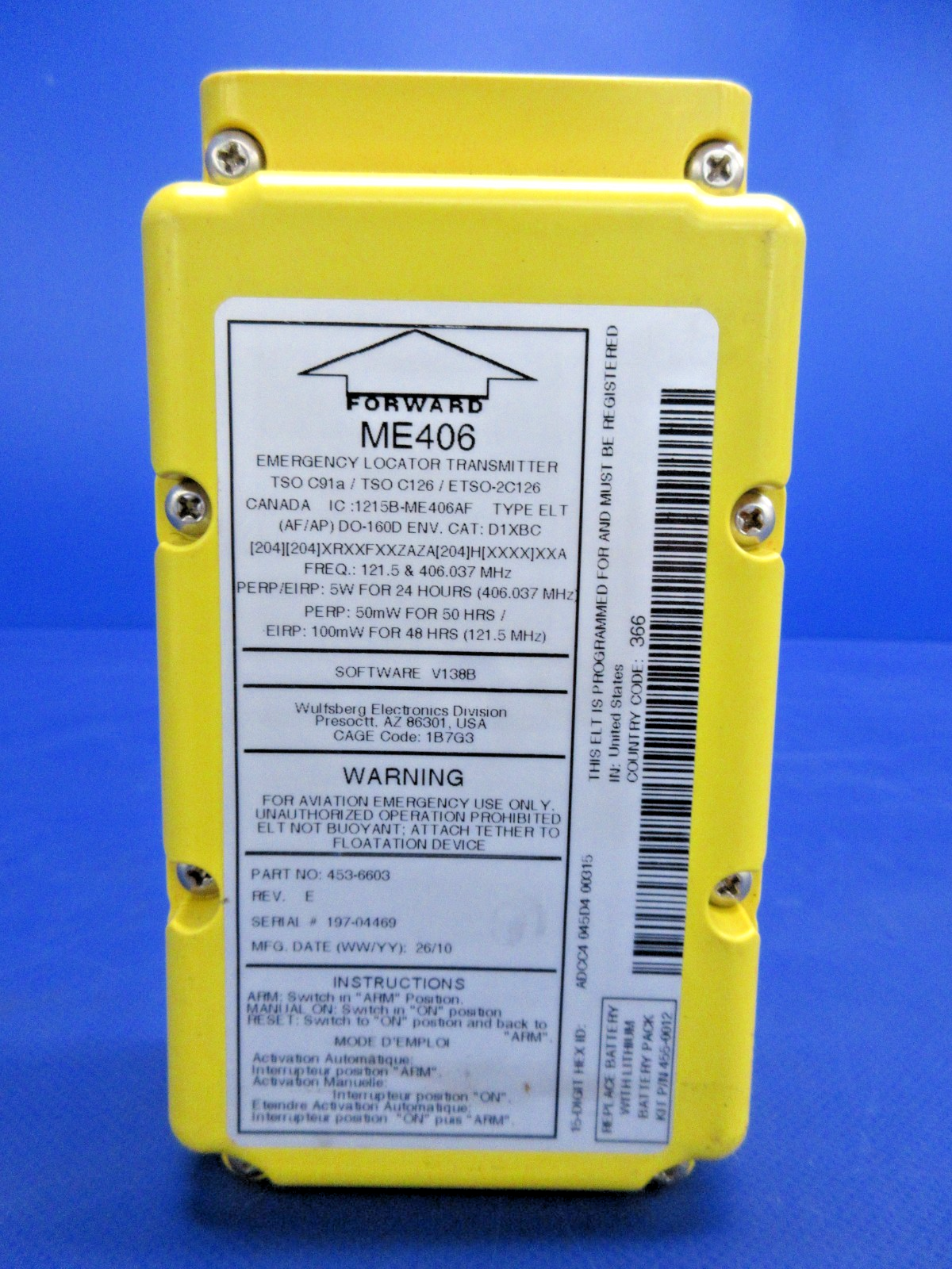 Artex ME406 Emergency Locator Transmitter P/N 453-6603 FOR PARTS (0426-736)0