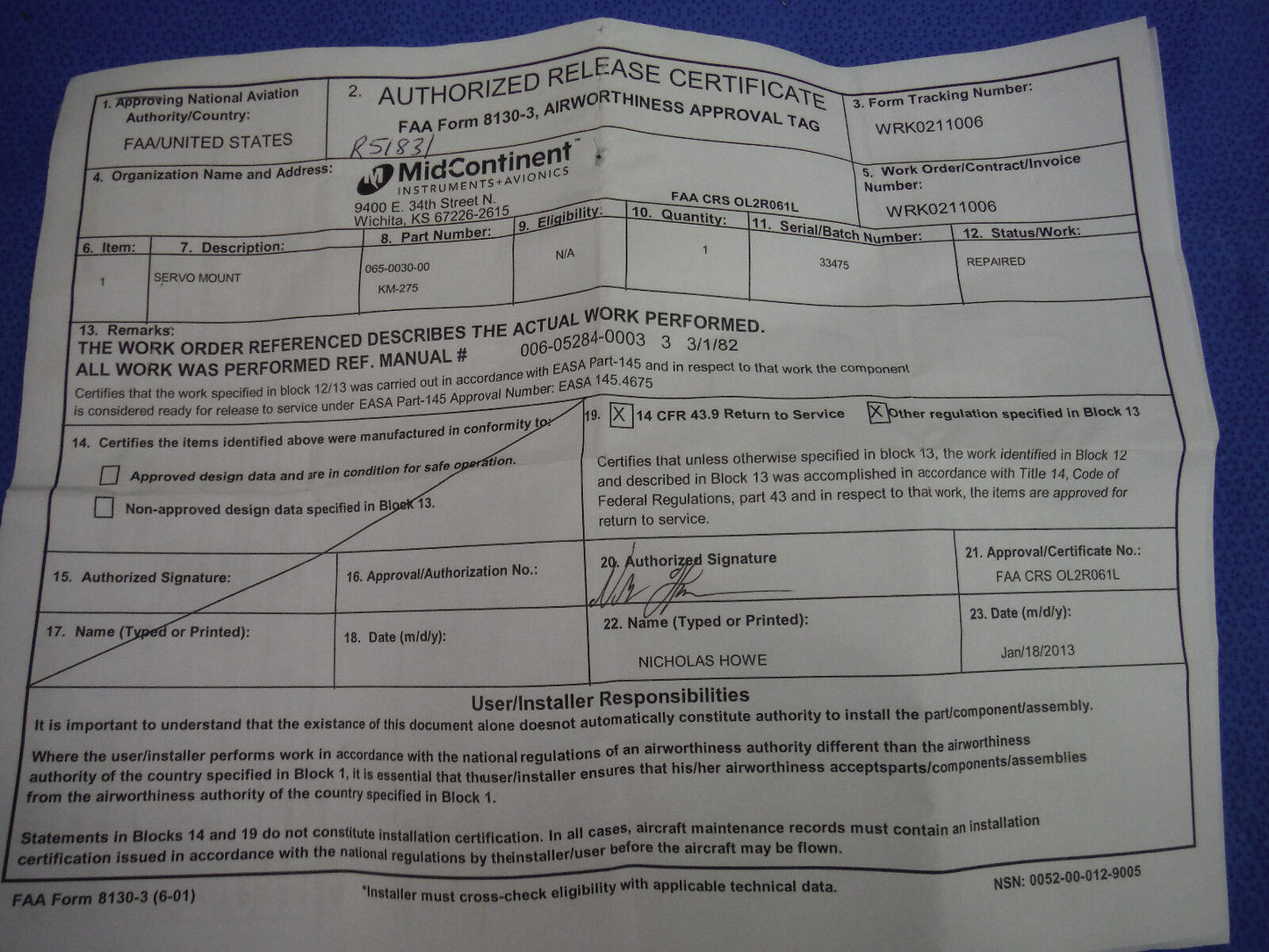 King KM-275 Servo Mount  P/N 065-0030-00 8130 Included  (1015-187)