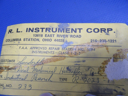 Industrial Research Dual Mechanical Helicopter Tachometer P/N R-2023-1 (0324-16)