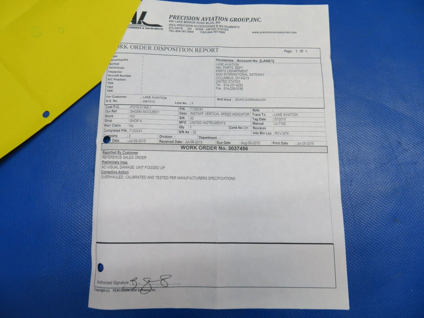 United Instruments Instant Vertical Speed Indicator 8130 WARRANTY (0524-1741)