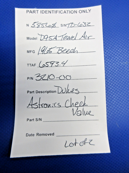 Beech D95A Travel Air Dukes Astronics Check Valve P/N 3210-00 LOT OF 2 (0326-80615