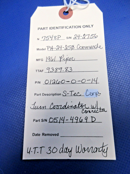 S-Tec Corp Turn Coordinator w/Connector P/N 01260-0-0-14 WARRANTY (0926-841)12