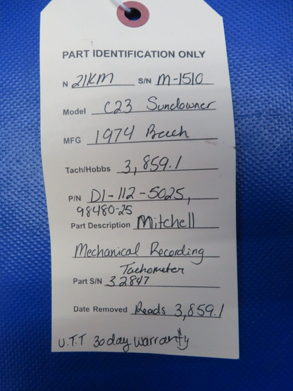 Beech C23 Mitchell Mechanical Recording Tach P/N D1-112-5025 WARRANTY (0724-186)