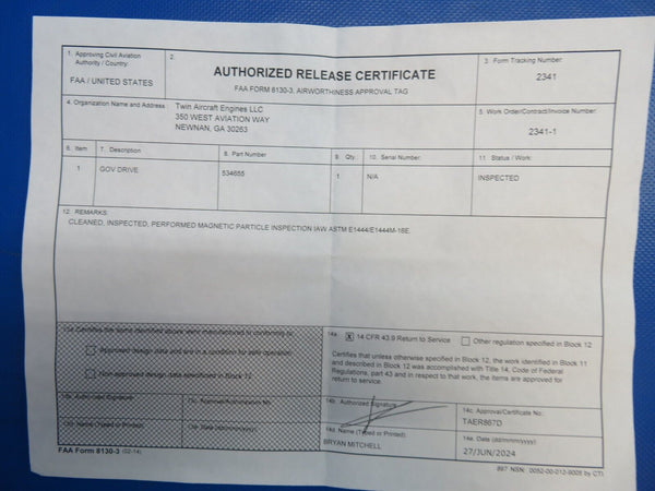 Continental Governor Drive Gear P/N 534655 Inspected w/ 8130 (0724-1881)