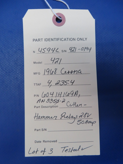 Cessna 421 Cutler-Hammer Relays 28v 50amp 6041H169A LOT OF 3 TESTED (0326-233)12