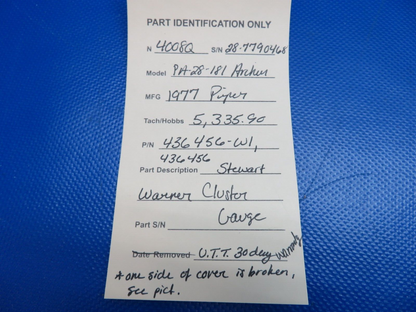Piper PA-28-181 Stewart Warner Cluster Gauge P/N 436456 WARRANTY (0424-1792)